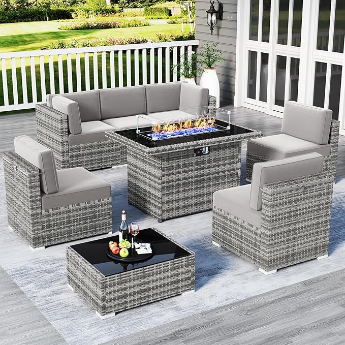 LayinSun 8 Piece Patio Furniture Set with 44" Propane Gas Fire Pit Table, Outdoor Sectional Conversation Set Wicker Rattan Sofa Set with Coffee Table