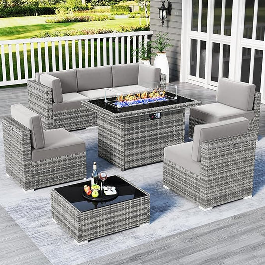 LayinSun 8 Piece Patio Furniture Set with 44" Propane Gas Fire Pit Table, Outdoor Sectional Conversation Set Wicker Rattan Sofa Set with Coffee Table