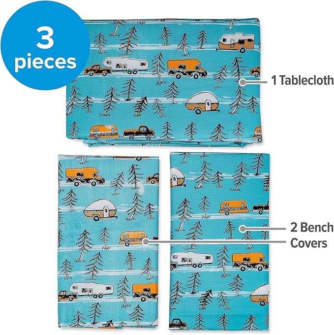 Camco Life is Better at The Campsite Tablecloth with Bench Covers | Provides a Clean Eating Surface for Outdoor Activities | Features an RV and Tree Sketch Design | (53380)