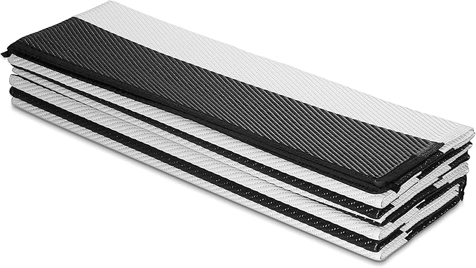 FH Home Outdoor Camping Rug - Waterproof, Fade Resistant, Reversible - Premium Recycled Plastic - Striped - Patio, Deck, Sunroom, RV - Brittany Stripe - Black & White - 5 x 8 ft Foldable