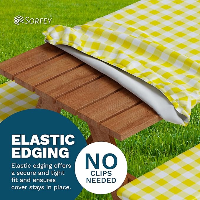Sorfey Picnic Table Cover with Bench Covers -Fitted with Elastic, Vinyl with Flannel Back, Fits for Table 30"x 96" Rectangle,Water Proof, Solid Yellow Design