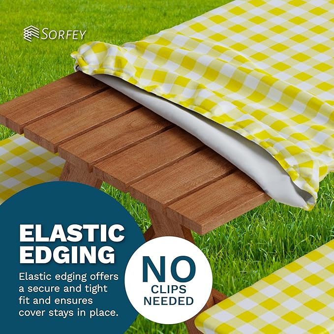 Sorfey Picnic Table Cover with Bench Covers -Fitted with Elastic, Vinyl with Flannel Back, Fits for Table 30"x 72" Rectangle,Water Proof, Checked Yellow Design