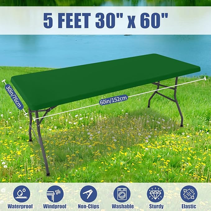 Spandex 5 Foot Rectangle Table Cloth 2 Pack, Elastic Fitted Tablecloths for Picnic, Stretch Washable Patio Table Cover for Outdoor, Camping, Banquet and Parties (Emerald Green, 30"x60")