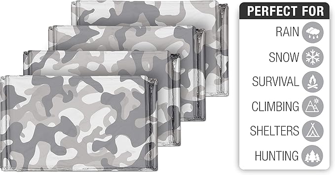 Swiss Safe 4 Pack Mylar Emergency Blankets for Survival - Compact & Insulated for Cold Weather - Designed for NASA, Outdoor, Running, Camping, Survival, First Aid Car Kit - Winter Camo, 4 Pack