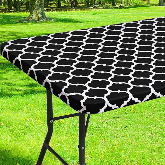 Smiry Rectangle Picnic Table Cover, Waterproof Elastic Fitted Camping Tablecloths for 8 Foot Tables, Wipeable Flannel Backed Vinyl Tablecloth Protector for Indoor, Outdoor (Black, 36x96 Inches)