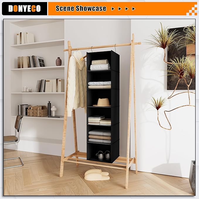 Hanging Closet Organizer and Storage 6-Shelf, Easy Mount Foldable Hanging Closet Wardrobe Shelves, Clothes Handbag Shoes Accessories Storage, Washable Oxford Cloth Fabric, Black