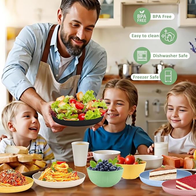 24pcs Wheat Straw Dinnerware Sets For 8, Unbreakable Plates and Bowls Wheat Straw Dinnerware Microwavable Cups Plates and Bowls Sets Shatterproof For Outdoor Kitchen Camping