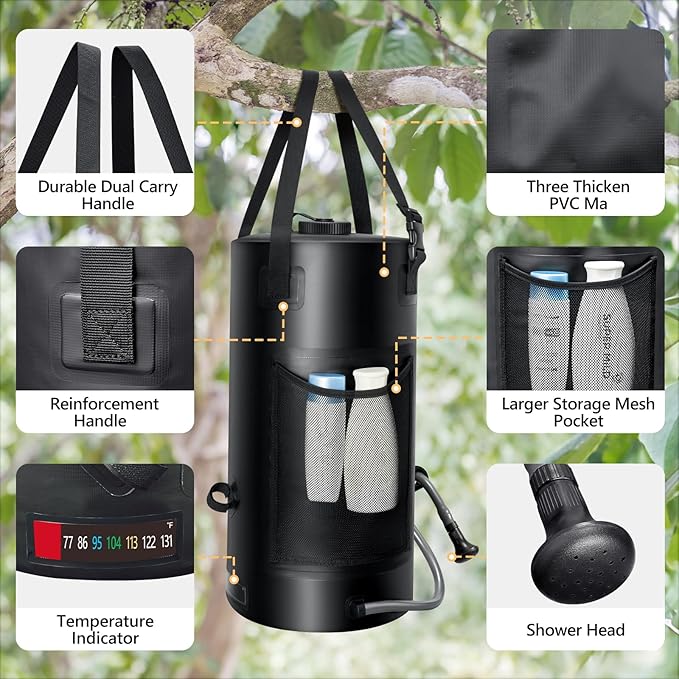 Solar Shower Bag, 5 Gal/3 Gal Solar Heating Camping Shower Bag, On-Off Switchable Shower Head, Portable Shower with Thick Tarpaulin for Camping, Surfing, Outdoor Traveling, No Tear & Leak