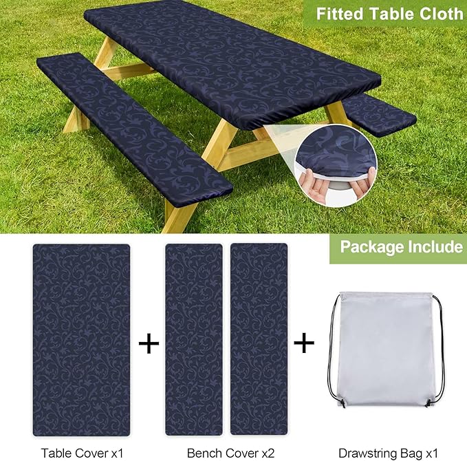 Picnic Table Cover with Bench Covers Camping Essentials Waterproof Windproof Camping Tablecloth with Drawstring Bag, Fitted Rectangle Tables and Seats, 72in, Midnight Blue