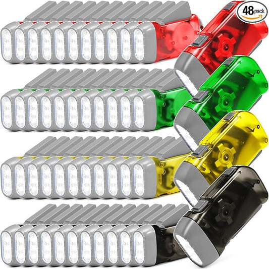 Retisee 48 Pcs Hand Crank Flashlight No Battery Required Torch Light Manual Press Flashlight 3 LED Squeeze Torch Light for Shoeboxes Camping Hiking (Red, Gray, Yellow, Green)