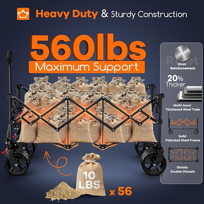 48" L Collapsible Wagon Cart Foldable, 560LB Weight Capacity 300L Heavy Duty Folding Beach Wagons with Big All-Terrain Wheels, Utility Carts for Groceries, Shopping, Camping, Sports - Red