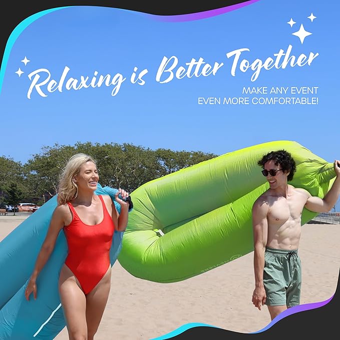Nevlers 2 Pack Inflatable Loungers Air Sofa Couch | Perfect for Beach Chair Camping Chairs or Portable Hammock |Travel Bag Pouch, Pegs & 3 Pockets| Movie Seating & Camping Accessories Blow Up Lounger