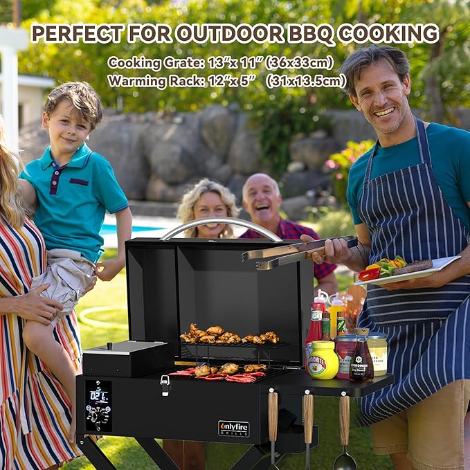 Onlyfire BBQ Wood Pellet Grill Smoker with Foldable Cart, Meat Probe, 2 Tiers Cooking Area, Portable Tabletop Grilling Stove for Outdoor Kitchen Cooking Smoke and Roast, RV Camping, Black GS343