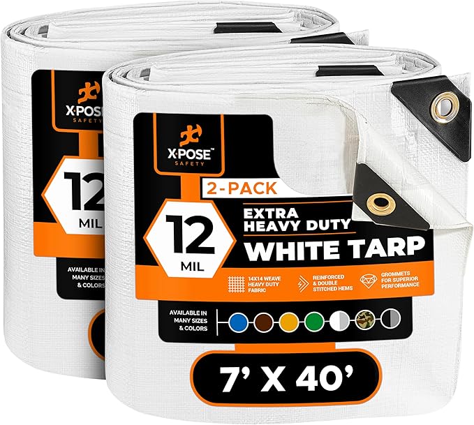 Heavy Duty White Poly Tarp 7' X 40' (2-Pack) - Multipurpose Protective Cover - Durable, Waterproof, Weather Proof, Rip and Tear Resistant - Extra Thick 12 Mil Polyethylene - by Xpose Safety