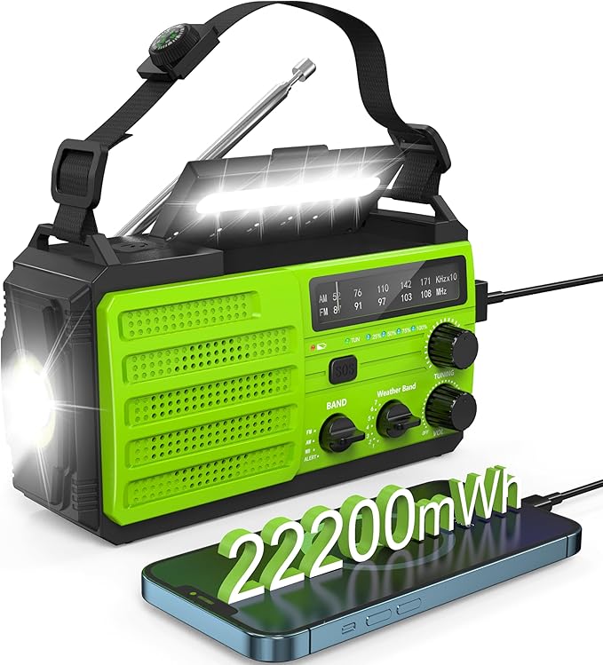 Emergency Radio 22200mWh Solar Hand Crank Emergency Radio: AM/FM/NOAA Weather Radio with Phone Charger, Flashlight & Reading Lamp, Headphone Jack, SOS Alarm for Home Survival Hurricane