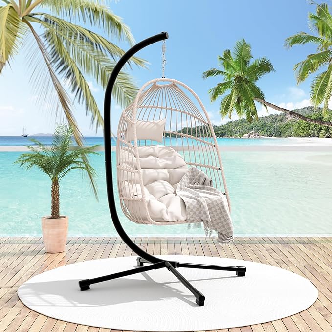 Foldable Hanging Egg Chair with Stand, HDPE Rattan and Heavy Duty Aluminum-Steel Frame, Outdoor Patio Wicker Swing Egg Chair with Headrest and Cushioned, 350 Lbs Capacity (Beige)