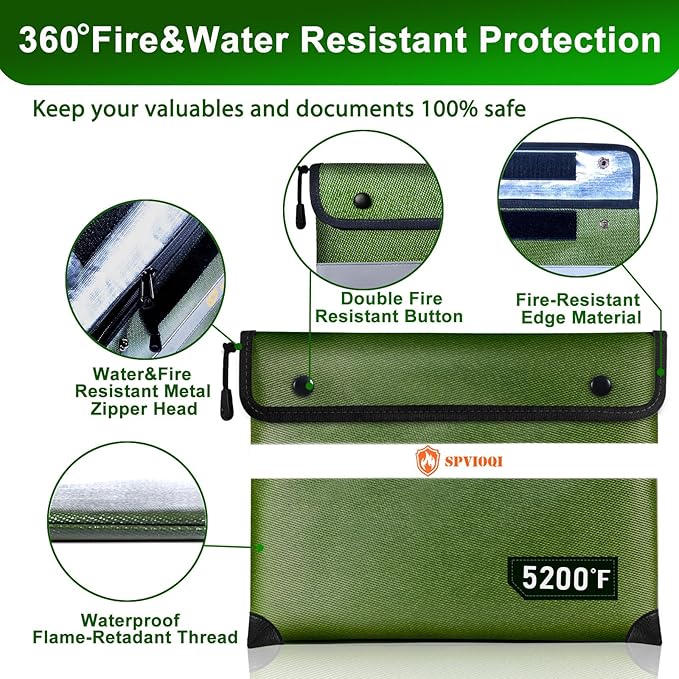 Upgraded 5200°F Fireproof Document Bag - Heat Insulated, Fireproof Safe Pouch with Zipper, 8 Layers of Functional Materials, Fireproof Money Bag for Cash/Documents/Valuables, Water Resistant Fire Bag