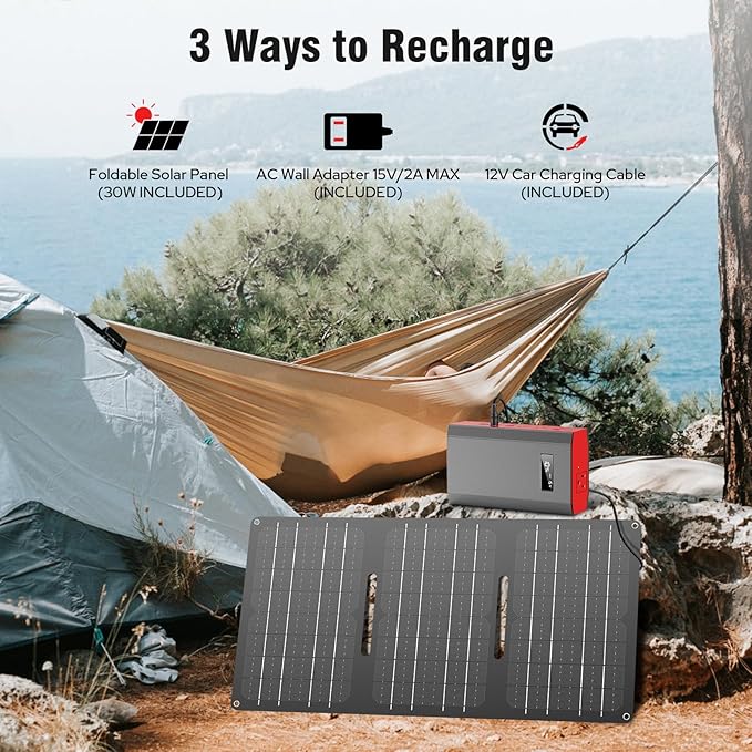 ZeroKor Portable Power Bank with AC Outlet 65W 110V External Battery Pack, 24000mAh Portable Laptop Charger with 30W Foldable Solar Panel Charger for Outdoor Smart Device Camping RV Trip Off Grid-Red