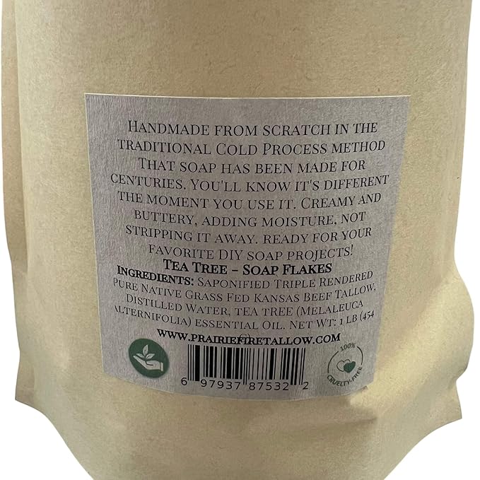 Pure Beef Tallow Soap Flakes - Made in USA - Grass Fed and Finished - Face, Body and Hair - Cleans, Moisturizes, Soothes, and Hydrates. Natural and Organic Tea Tree