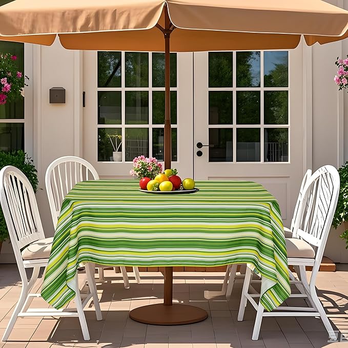 SquarePie Outdoor Tablecloth Rectangle with Umbrella Hole and Zipper Waterproof Stain Resistant Table Linen Cloth for Patio Picnic Garden Party, 52x70 Green Stripe