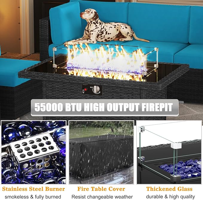 LayinSun 7 Pieces Outdoor Patio Furniture Set with 44" Fire Pit Table Rattan Sectional Sofa Conversation Sets