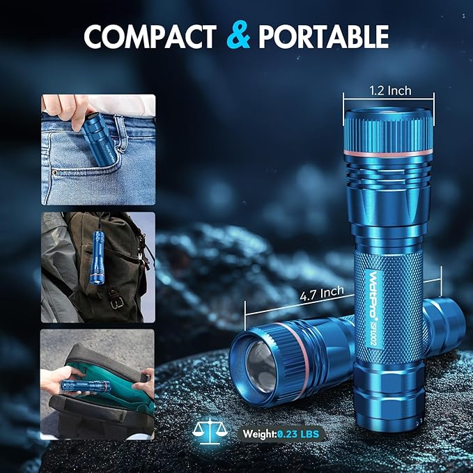 WdtPro Rechargeable Flashlights High Lumens, 2 Pack Super Bright LED Small Tactical EDC Flashlight with 10H Runtime, Portable Flash light for Camping, Home, Emergency Essentials Blue(Battery Included)
