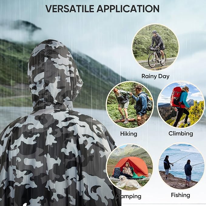 PTEROMY Hooded Rain Poncho for Adult with Pocket, Waterproof Lightweight Unisex Raincoat for Hiking Camping Emergency