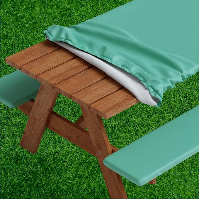 Sorfey Picnic Table Cover with Bench Covers -Fitted with Elastic, Vinyl with Flannel Back, Fits for Table 30"x 96" Rectangle,Water Proof, Solid Green Design