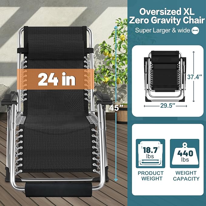 NAIZEA Widened Zero Gravity Chair 29" XL,Oversized Outdoor Lounge Chairs, Folding Reclining Camping Chairs with Cup Holder, Ergonomic Patio Lawn Chair for Balcony Beach Deck Yard
