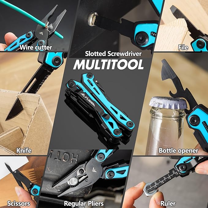 FLISSA 16-in-1 Multi Tool Pliers, Gift for Dad, Stainless Steel EDC Multitool with Pocket Knife, Belt Clip and Oxford Pouch, Self-locking Multipurpose Utility Multi-Tool for Camping Survival Outdoor