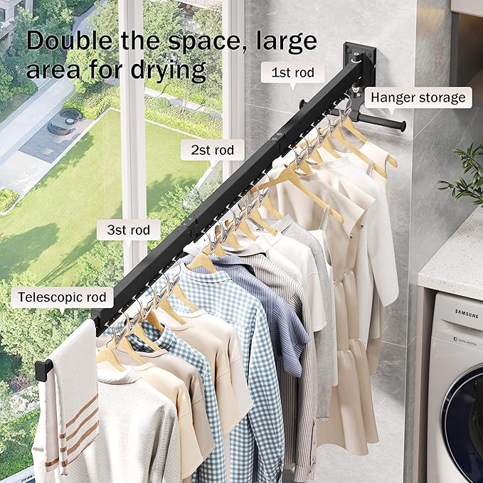 Wall Mounted Clothes Drying Rack - Retractable, Collapsible, Folding with Clips - Perfect for Laundry Room Organization