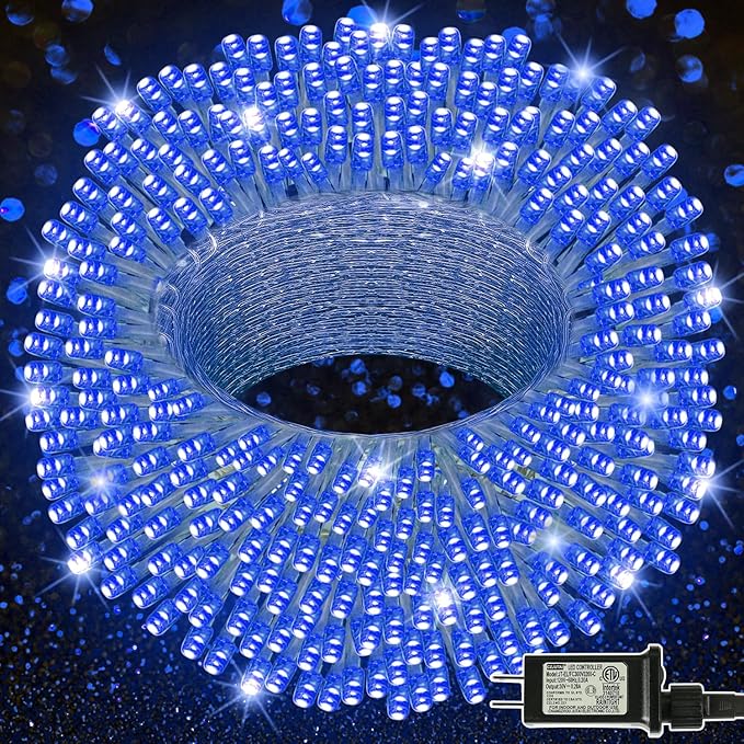 LJLNION 300 LED String Lights Outdoor Indoor, Extra Long 98.5FT Super Bright Christmas Lights, 8 Lighting Modes, Plug in Waterproof Fairy Lights for Holiday Wedding Party Bedroom Decorations (Blue)