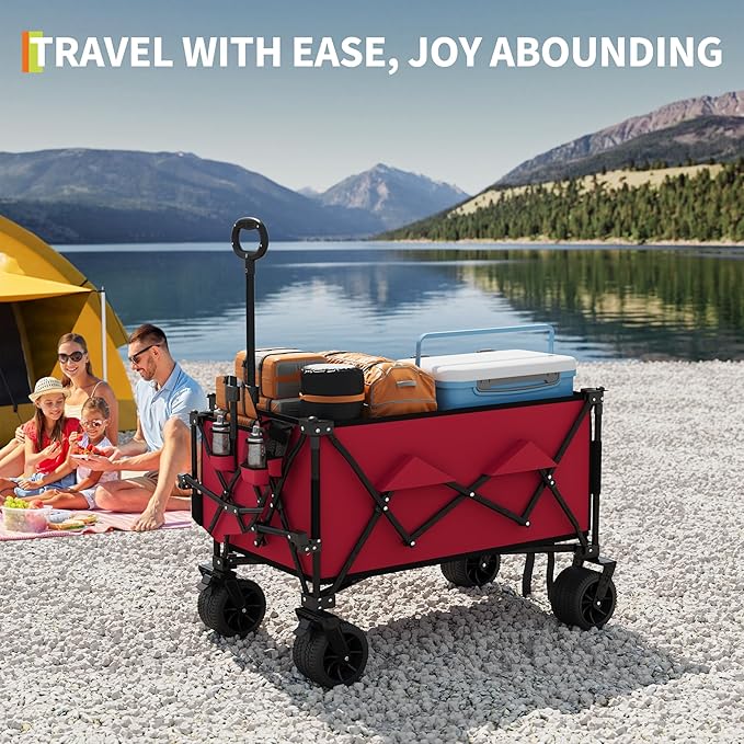 Heavy Duty Foldable Wagon for Beach, Extra Large Collapsible Foldable Wagon for Camping, All Terrain Beach Wagons Extended with Cup Holders for Sand