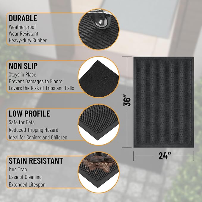 Ottomanson Easy Clean, Waterproof Non-Slip 2x3 Indoor/Outdoor Rubber Doormat, 24" x 36", Black