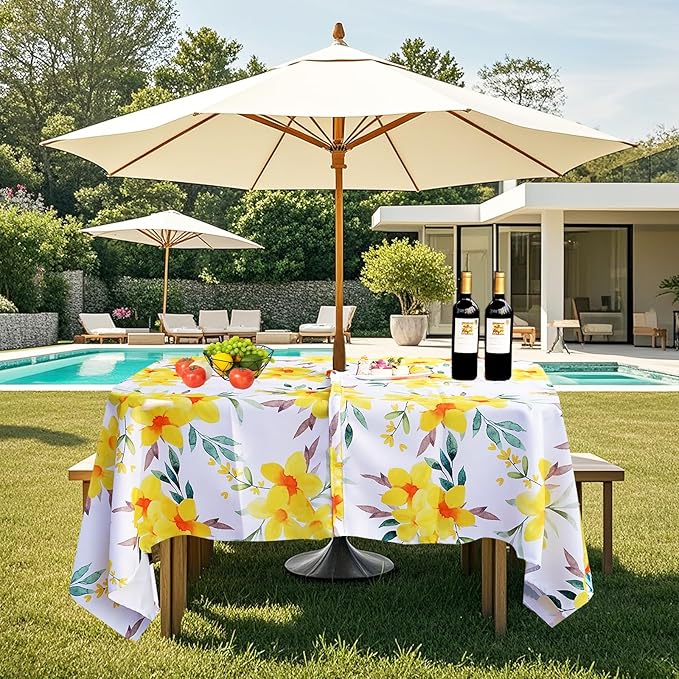 SquarePie Outdoor Indoor 60x84 inch Rectangle Tablecloth with Umbrella Hole and Zipper, Waterproof Patio Zippered Table Cloth Cover for Spring Summer Party Picnic,Yellow Flower
