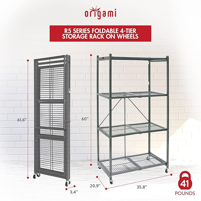 Origami R5 4-Shelf Heavy-Duty Folding Storage Rack, Pewter - Large Foldable Metal Shelving Unit with Wheels for Garage, Pantry, Basement, Laundry Room or Warehouse