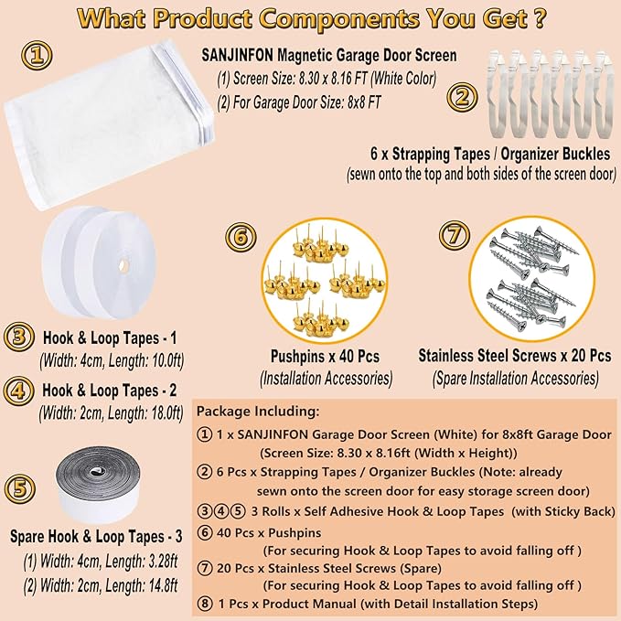 Garage Screen Door for 1 Car Garage 8x8ft White, Magnetic Door Screen 8x8 FT Garage/Patio/Porch/Balcony with Retractable Fiberglass Mesh & Heavy Duty Weighted Bottom, Hands Free, Easy Assembly