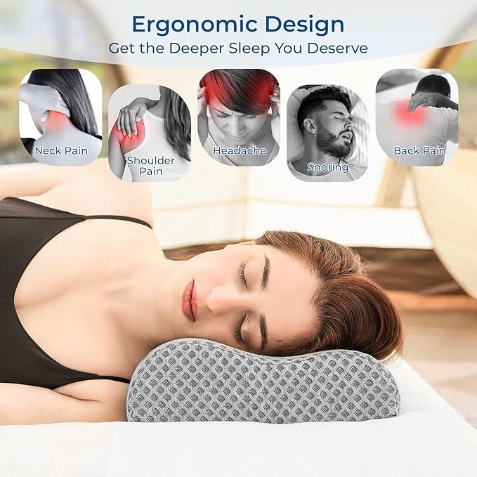 Travel Pillow Memory Foam Pillows, Ergonomic Wave Cervical Neck Pillow for Neck Pain Relief, Compressible Medium Firm Side Sleeper Pillow, Ideal for Camping, Office, Home & Bed (Light Grey, M)