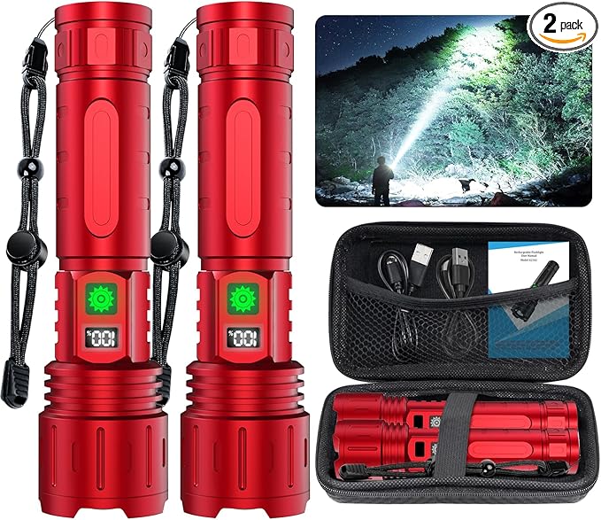 Rechargeable Flashlights High Lumens - 1500 Meters Long Beam Super Bright LED Flash Light with Power Display & IPX5 Waterproof for Camping, 20H Runtime,5 Modes,Zoomable Handheld Flashlight -2pcs Red