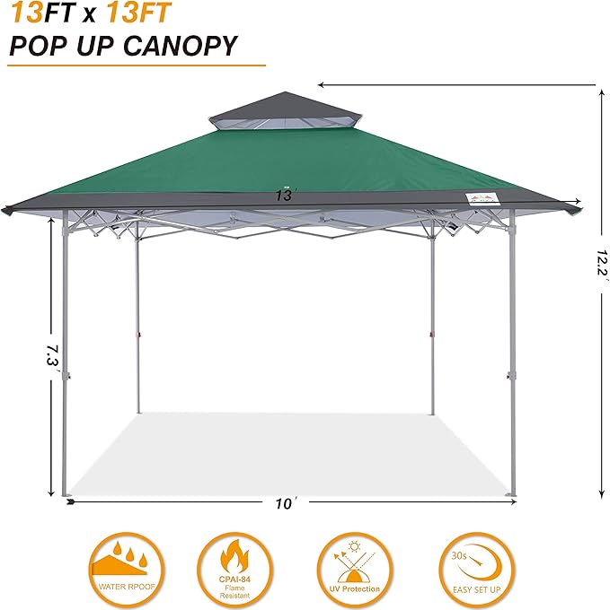 COOSHADE 13x13Ft Pop Up Canopy Tent Instant Folding Shelter 169 Square Feet Large Outdoor Sun Protection Shade(Forest Green and Dark Grey)