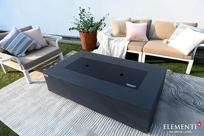 Elementi+ | Bundle Cape Town Gas Fire Pit Cast Concrete 56" Rectangular Fire Table, Outdoor Fire Pit Electronic Ignition | Canvas Cover, Fire Glass and Burner Lid Included | Dark Gray | Propane Gas
