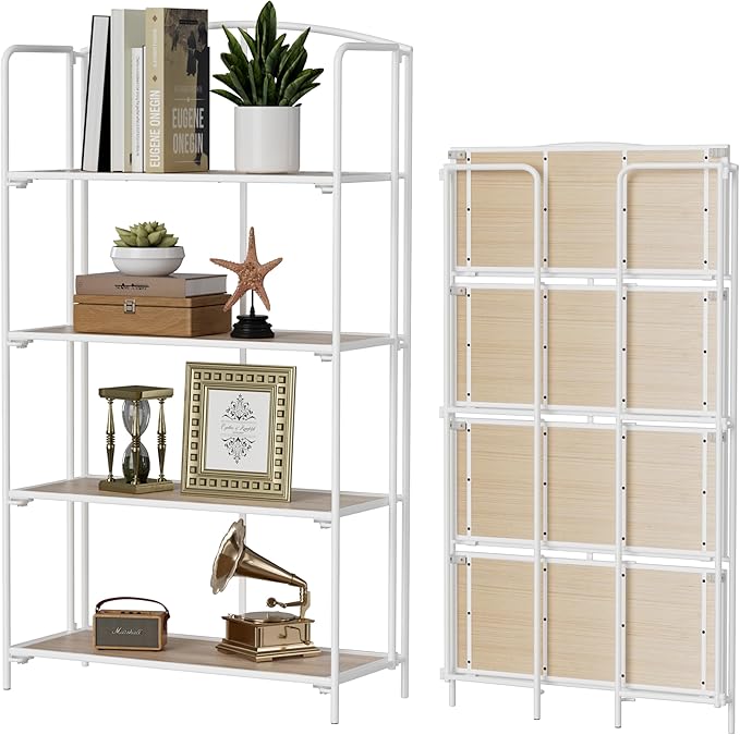 Crofy No Assembly Folding Bookshelf for Living Room, 4 Tier White Collapsible Book Shelf for Home Office, Portable Bookcase Storage Organizer