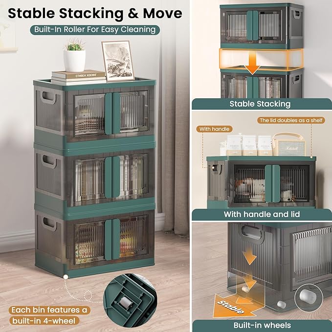 8.4Gal Collapsible Storage Bins with Lids & Wheels - 6 Pack Stackable with Doors, Heavy-Duty Plastic Containers for Home/Office, Green