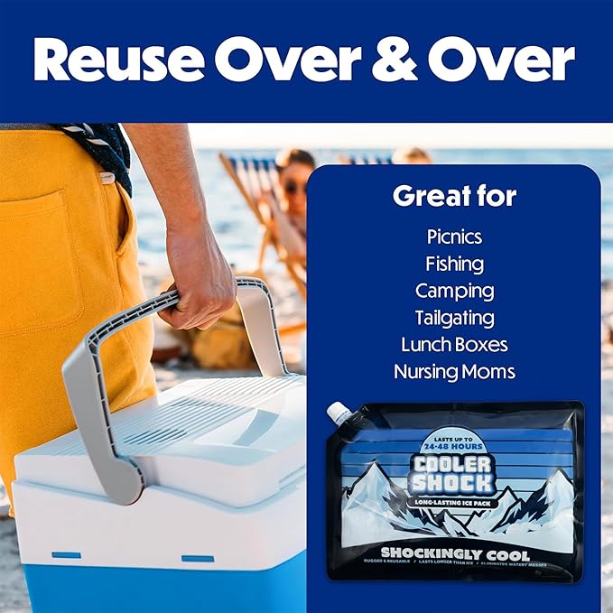Cooler Shock Reusable Ice Packs for Cooler - Long Lasting Cold Freezer Packs for Coolers and Lunch Boxes - Cooler Ice Packs for Camping Gear, Fishing, Road Trips, Beach Must Haves