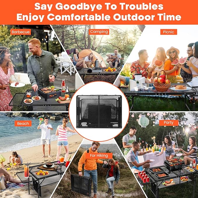 Portable Grill Table with 2 Wing Panels, Height Adjustable Folding Table with Mesh Bag, 140lbs 3Ft Folding Outdoor Table for Camping, BBQ, RV, Picnic & Beach Outdoor Adventures, 35"L x 23"W