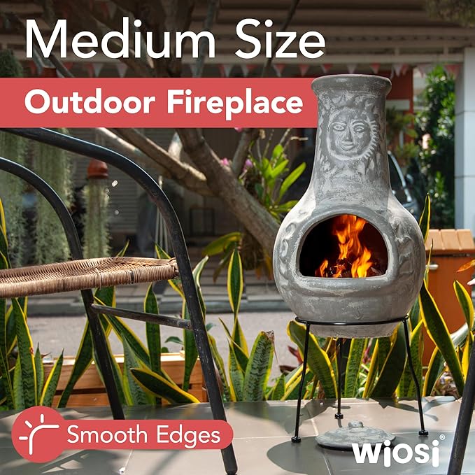 Wiosi Medium Chiminea Outdoor Fireplace Grey Clay Chimineas with Chimney Rain Lids and Solid Metal Stands - Grey Terracotta Chimenea - Rustic Fire Pit Chimnea 16 x 16 x 32-inch