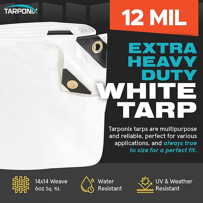 10' x 20' Extra Heavy-Duty White Poly Tarp – 12 Mil Thick, Waterproof, UV-Resistant Polyethylene with Reinforced Edges, Double-Stitched Hems, and Rustproof Grommets
