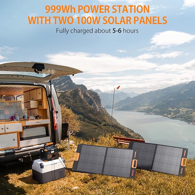 GRECELL 1000W Portable Power Station With 2x 100W Solar Panels, 999Wh Backup Lithium Battery, Pure Sine Wave AC Outlet, 60W PD Quick Charge Solar Generator Set for Outdoor Emergency Camping Travel