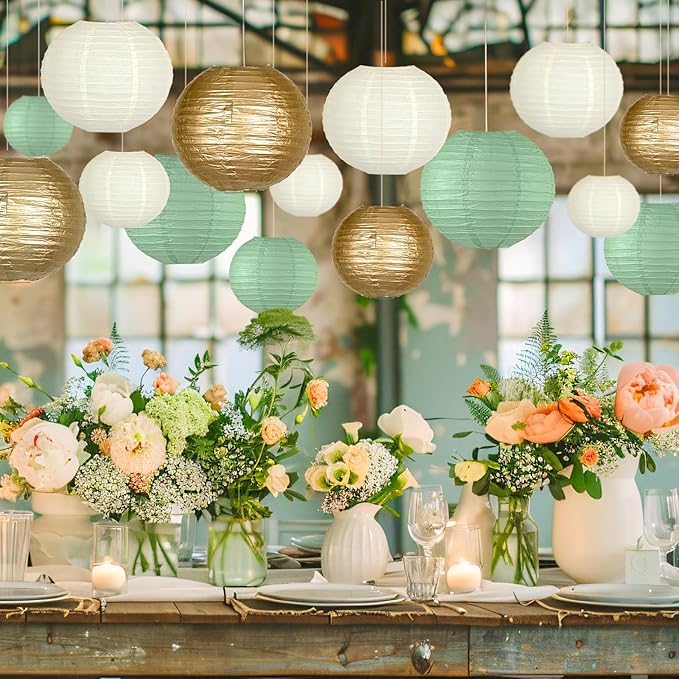 Round Paper Lanterns Decorations, Chinese Paper Lanterns Decorative, Sage Green/Gold/White for Rustic Party Sage Green Birthday Party Bachelorette Engagement Wedding Baby Shower 15pcs