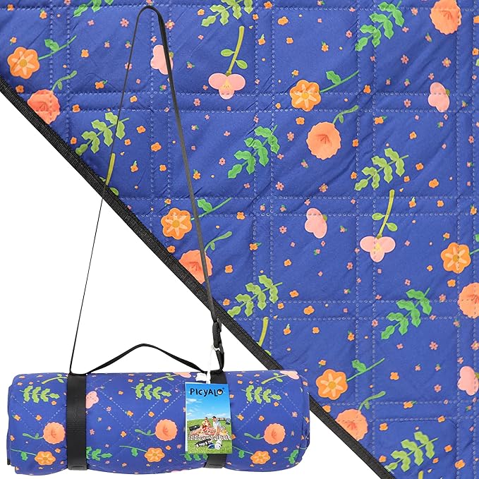 Outdoor Picnic Blanket Blue Floral 80"x80" Large Sandproof Beach Blanket Waterproof Picnic Blankets Foldable for Caming, Beach, Outdoor Activities.